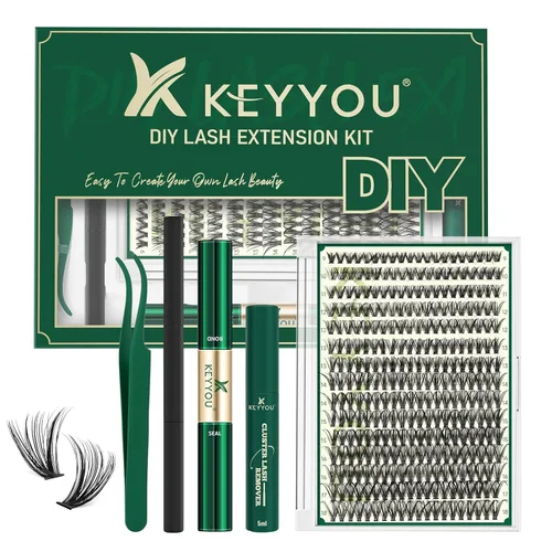 Miniatura 30 de Kit de extensión de pestañas DIY KEYYOU 300 piezas, kit de racimos de pestañas con removedor de pegamento y aplicador, fácil de usar