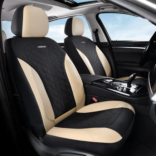 Coverado Fundas de asiento delantero, fundas de asiento beige, 2 asientos, protectores de cuero para automóvil, paquete de 2, fundas de asiento de