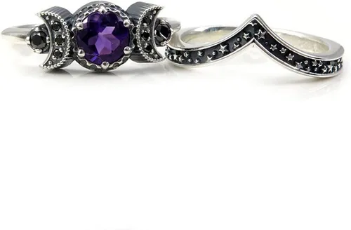 Miniatura 5 de Anillo Dios de triple luna, anillo de amatista roja, regalos de joyería para mujeres y niñas, fases lunares, bohemio, gitano, joyería de festival