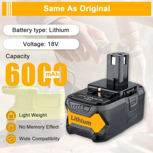 Miniatura 2 de 2Pack 6.0Ah PBP2005 P108 Replacement for Ryobi 18V Battery and P117 Charger Charging Station Starter Kit Compatible with Over 225 for 18v Lithium