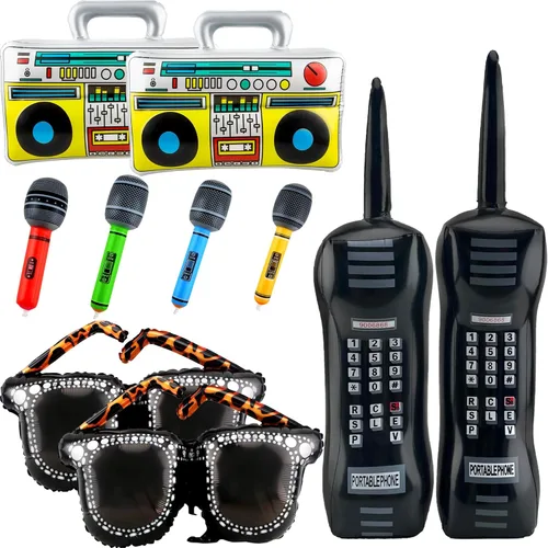 10 piezas de decoraciones inflables de los años 80 y 90, incluye radio inflable Boombox, teléfono móvil inflable, lentes inflables para decoraciones