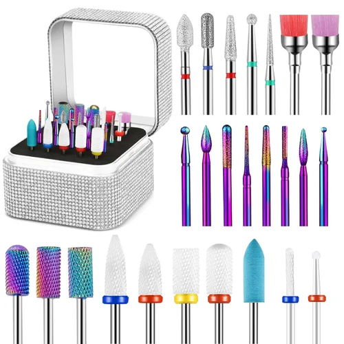 Juego de 25 brocas de uñas con soporte de diamantes de imitación, 3/32 pulgadas de carburo de diamante de cerámica, removedor de cutículas, broca de