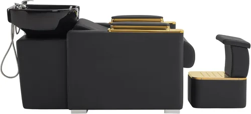 Miniatura 8 de BarberPub Silla de estación de champú de lavado a espalda con cuenco de cerámica de porcelana para lavar el cabello, rompe al vacío, silla Negro