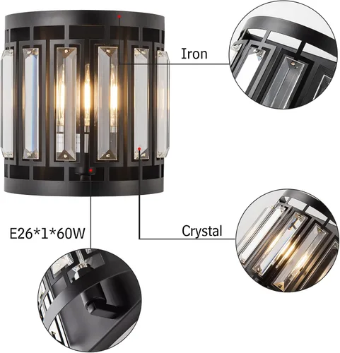 Miniatura 4 de Moderno aplique de pared de cristal 1xE26, lámpara de pared negra K9, lámpara de pared de cristal para pasillo, puerta, dormitorio, sala de estar
