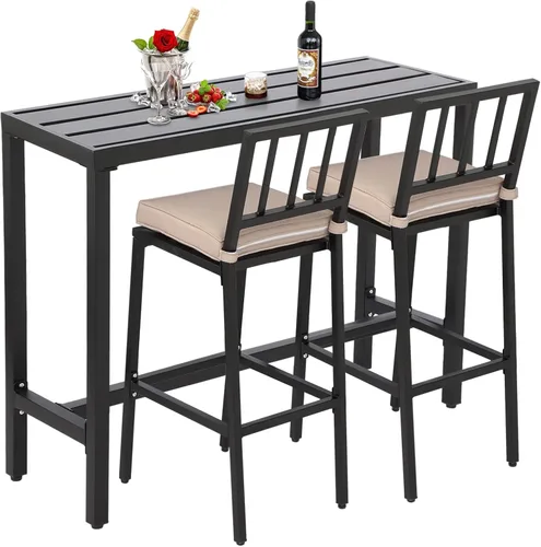 Sillas y mesa de bar para exteriores, juego de bar de metal para patio, 3 piezas con taburetes y cojines, patio trasero, porche, bistró, balcón Negro