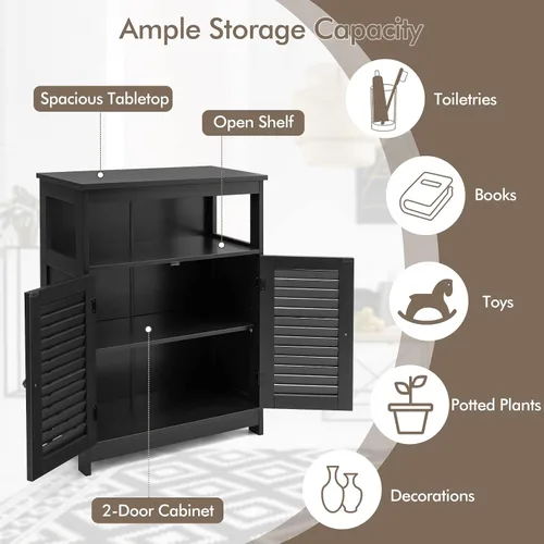 Miniatura 5 de COSTWAY Armario de almacenamiento para baño, organizador de almacenamiento lateral de madera con puertas de rejilla y estante extraíble, gabinete