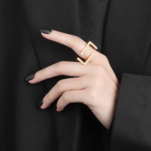 Miniatura 2 de Anillo rectangular único de banda abierta para mujeres y niñas, chapado en oro, minimalista, geométrico, ajustable, expansible, hipoalergénico