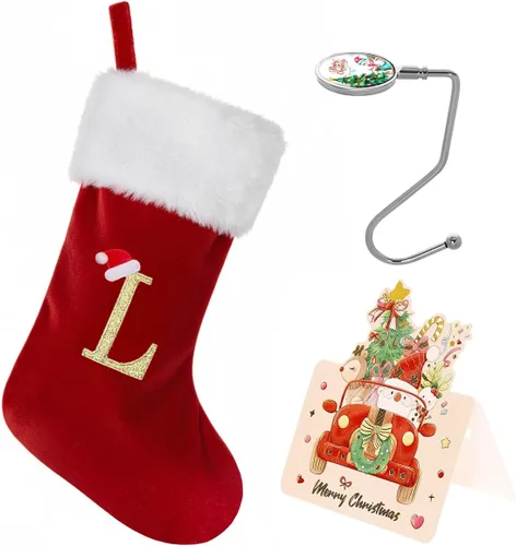 Miniatura 20 de Calcetines de Navidad personalizados con monograma, con inicial familiar, 20 pulgadas, puño de felpa blanca supersuave con cuerpo de terciopelo rojo