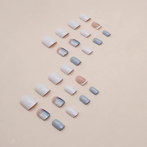 Miniatura 3 de Uñas postizas a presión extra cortas cuadradas SWEKKE verano blanco punta francesa uñas postizas de cobertura completa flash azul pegamento uñas S2