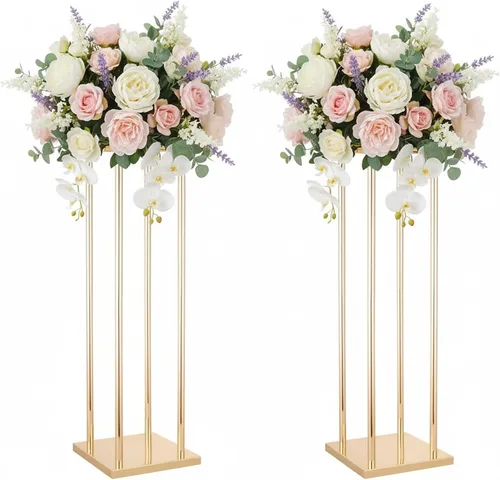 Elegantes centros de mesa de boda de flores de metal, 23.6 pulgadas de alto, soportes de flores doradas para mesas, 2 jarrones geométricos de