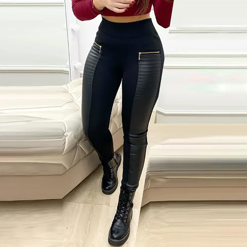 Miniatura 2 de Maryia Leggings elásticos de piel sintética para mujer, con parche de cintura alta, con forma elástica, con botas Martin