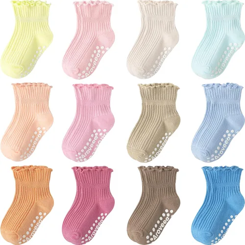 Miniatura 12 de Calcetines con Agarre Antideslizantes de Algodón para Bebés y Niños Pequeños, Niños y Niñas, Paquete de 12 Calcetines de Tobillo Lindos para Niños