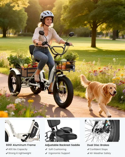 Miniatura 6 de MOONCOOL Triciclo eléctrico para adultos, 20 x 4 pulgadas, triciclo eléctrico con neumáticos gruesos, bicicleta eléctrica de 3 ruedas de 48 V, 500