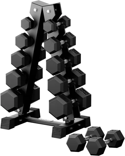 Miniatura 21 de RitFit Juego de mancuernas hexagonales de goma de 250 libras/300 libras/350 libras/550 libras/650 libras con estante de pesas, múltiples opciones