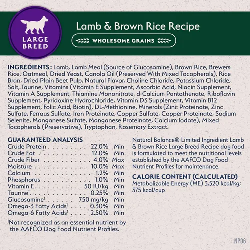 Miniatura 9 de Natural Balance Alimento Seco para Perros Adultos de Raza Grande con Ingredientes Limitados con Granos Saludables, Receta de Cordero y Arroz