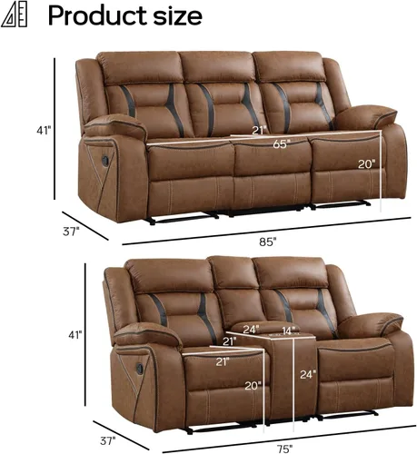 Miniatura 2 de EBELLO Juego de sofá reclinable manual, juego de muebles de sala de estar reclinables de cuero sintético, incluye sofá de dos plazas y sofá Marrón