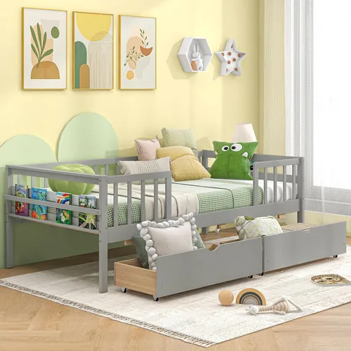 Miniatura 9 de Giantex Cama individual para niños con cajones de almacenamiento, cama Montessori de madera con rieles y estante lateral, sofá cama baja para niños