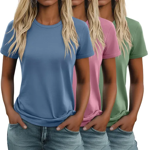 Miniatura 42 de Huukeay Paquete de 3 camisetas de algodón para mujer, estilo casual, de manga corta, cuello redondo, ajuste holgado, básica, lisa