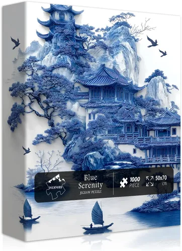 Rompecabezas de paisaje imposible para adultos de 1000 piezas, rompecabezas estético de naturaleza azul y blanco, rompecabezas escénico chino único