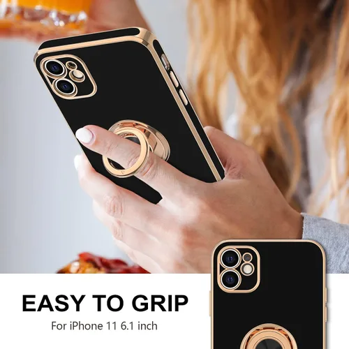 Miniatura 2 de Hython Funda para iPhone 11 con soporte de anillo [soporte de anillo giratorio de 360° con soporte magnético] [borde de oro rosa chapado en brillo]