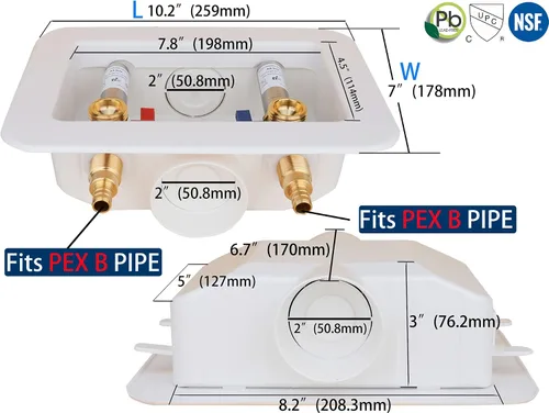 Miniatura 5 de WHK Pex - Caja de salida para lavadora, caja de pared para lavadora con válvula de agua empotrada de drenaje, caja central de doble drenaje de 1/2