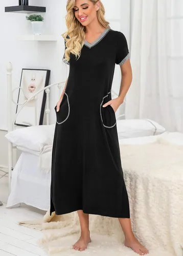 Miniatura 2 de PrinStory Camisón de manga corta para mujer, con cuello en V, suave, ropa de dormir informal con bolsillos