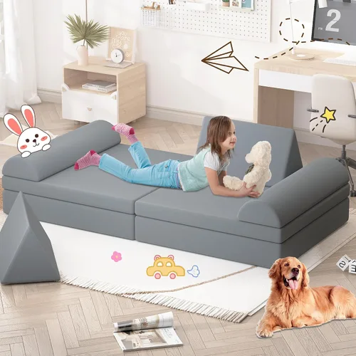 Miniatura 2 de Sofá modular de juego para niños, 8 piezas, sofá convertible para niños pequeños y bebés, sofá de construcción de fortaleza para niños, sofá