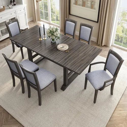 Miniatura 19 de Elegante juego de mesa de comedor de cocina de 6 piezas, mesa rectangular de madera y 4 sillas copetudas de respaldo alto y 1 banco, juego de mesa