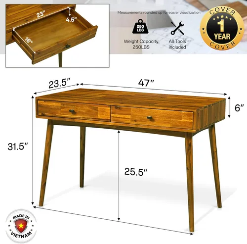 Miniatura 2 de Acacia Lagom - Escritorio de trabajo de madera maciza de 48 pulgadas con cajones, muebles de oficina, mesa de trabajo de estilo escandinavo