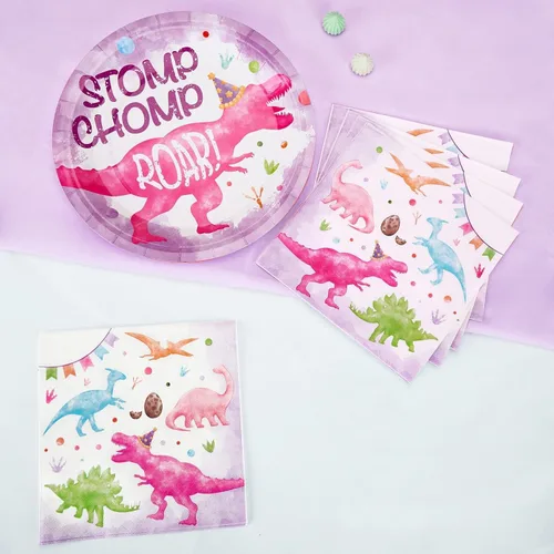 Miniatura 5 de WERNNSA - Decoraciones de fiesta de dinosaurios para niñas, paquete de 50 servilletas de papel de dinosaurio rosa, decoraciones de cumpleaños