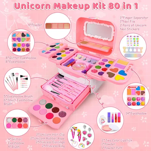 Miniatura 2 de Kit de maquillaje para niños de 80 piezas para niños de 3, 4, 5, 6, 7, 8 años, juguete de unicornio para niñas pequeñas, cumpleaños, juguetes