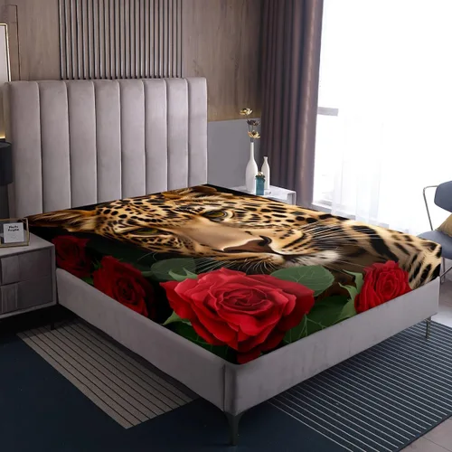 Miniatura 7 de Erosebridal Juego de sábanas bajeras de rosas rojas y leopardo, tamaño individual, diseño de animales africanos salvajes, diseño de plantas
