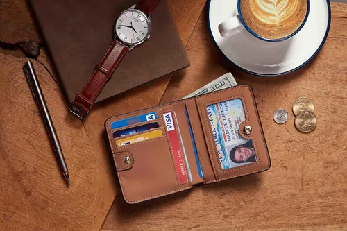 Miniatura 6 de Gostwo - Cartera compacta de piel genuina de lujo para mujer con bloqueo de RFID y ventana de identificación