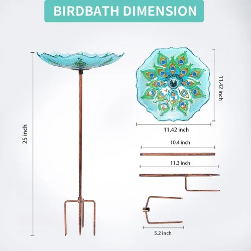 Miniatura 6 de MUMTOP - Bañera de cristal para pájaros, para jardín y exteriores, bañera o comedero de aves, con estaca de metal, estilo pavo real
