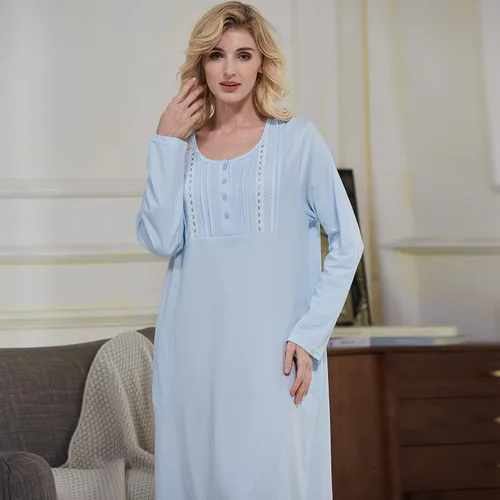 Miniatura 7 de Keyocean Camisones para mujer con bolsillos, 100% algodón, suave, ligero, manga larga, camisón para mujer