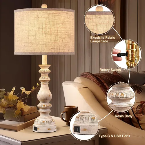Miniatura 7 de Juego de 2 Lámparas de Mesita de Noche Estilo Granja para Dormitorio con Puertos USB A+C, Lámparas de Mesa Rústicas Vintage de 28" para Sala