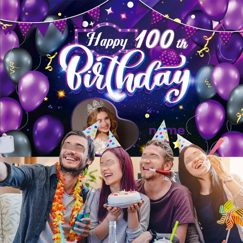 Miniatura 6 de Cartel decorativo personalizado de feliz cumpleaños número 100, personalización, morado, tamaños grandes, soporta fotos y nombres personalizados