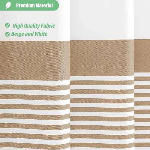 Miniatura 3 de Cortina de ducha Dynamene de tela color beige, cortina de ducha rústica/bohemia a rayas con borlas para baño, juego de cortinas de tela texturizada