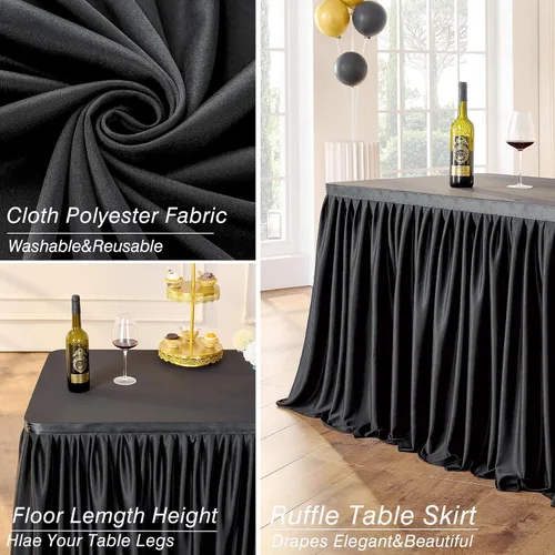 Miniatura 2 de leegleri Faldas de mesa de poliéster negro de 72 pulgadas para mesas rectangulares de 6 pies (cubierta frontal), pliegues sin arrugas, falda de mesa
