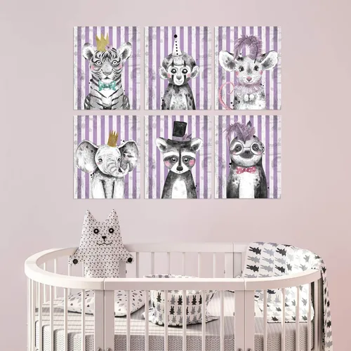Miniatura 3 de Ritzy Rose Arte de animales de circo morado para niños, impresiones caprichosas para pared, 6 pósteres infantiles para habitación del bebé