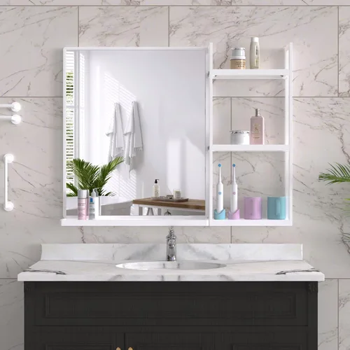 Miniatura 14 de Espejo de baño con estante, espejo de pared rectangular negro, marco de metal, colgante horizontal o vertical (24 x 20 pulgadas)