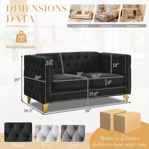 Miniatura 2 de Sofá moderno Chesterfield de terciopelo de 58 pulgadas, respaldos tapizados con brazos de cabeza de clavo, sofá biplaza para sala de estar