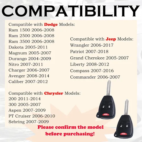 Miniatura 2 de SUPALAND Llavero de repuesto para Dodge Ram 1500 2500 3500 2006 2007 2008 Dakota Magnum Durango Nitro Charger Avenger Caliber Jeep Wrangler Patriot