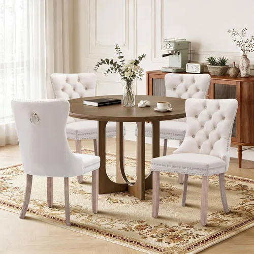 Juego de 4 sillas de comedor de terciopelo, sillas de comedor tapizadas con ribete de cabeza de clavo y patas de madera maciza para cocina, color