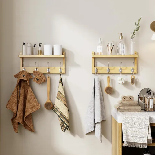 Miniatura 8 de STELLSTAR Perchero con estante, paquete de 2 colgadores de pared de bambú con 8 ganchos para entrada, pasillo, cocina, baño, sala de estar, cuarto