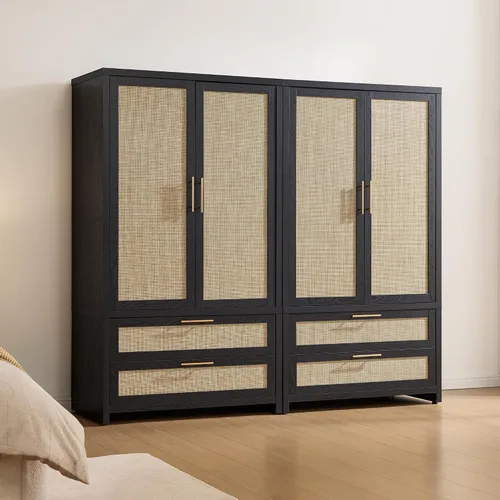 Miniatura 16 de SICOTAS Armario Ropero Gabinete de Ratán, Gabinete de Almacenamiento de 71" con Puertas, 2 Cajones y Barra Colgante, Organizador de Ropa Boho Roble
