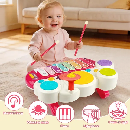 Miniatura 2 de AugToy 3 en 1 juguetes musicales para niños pequeños de 1 a 3 años, juego de piano, xilófono y tambor, juguetes para niñas de 1, 2 y 3 años de edad