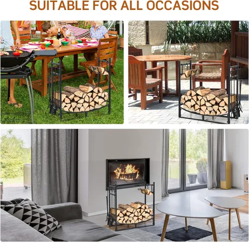 Miniatura 9 de Goplus - Estante para leña para interiores, soporte de 30" para leña con 4 herramientas para chimenea: pala, atizador, pinzas, cepillo, portayesca