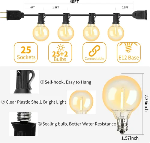 Miniatura 5 de Cadena de luces LED para exteriores de 40 pies, impermeables, G40, luces LED de globo para exteriores para patio con 27 bombillas Edison vintage a