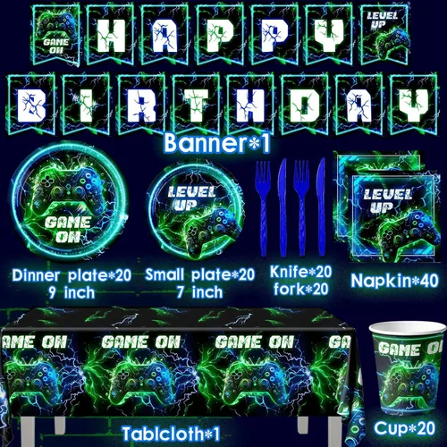 Miniatura 6 de Suministros para fiesta de cumpleaños de videojuegos, 142 piezas de platos y servilletas de neón para videojuegos, mantel de plástico para niños